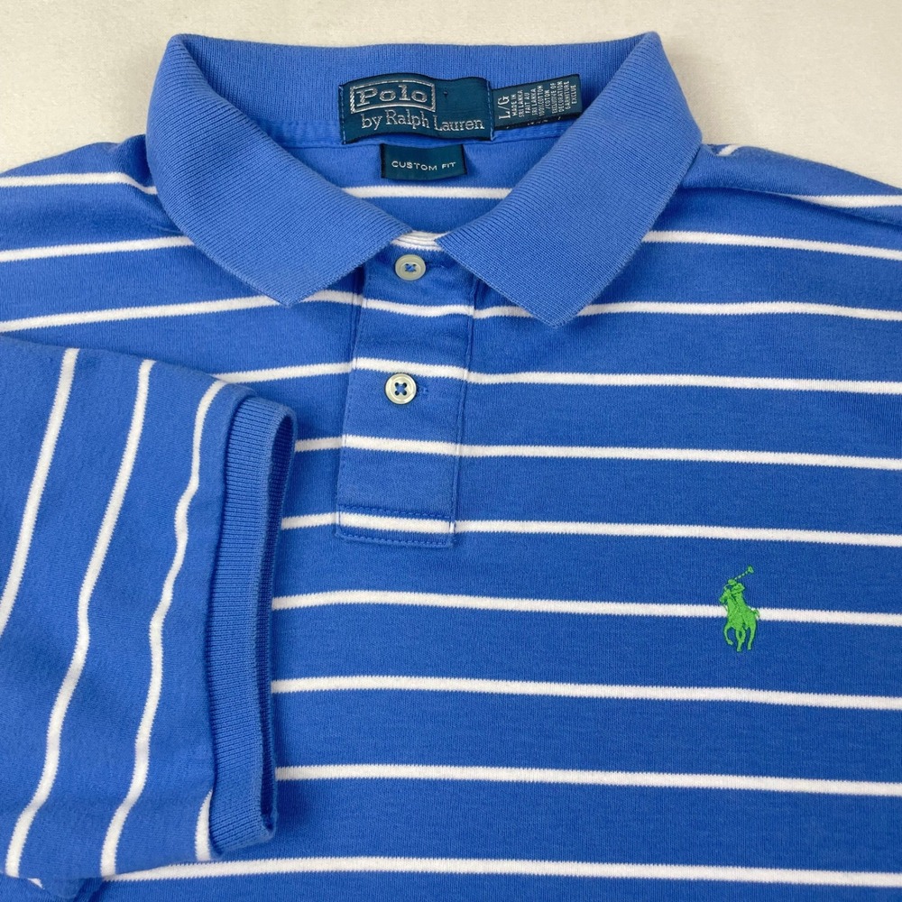 Polo Ralph Lauren Mens Custom Fit Striped Polo Shirt Blue White Large L Pony